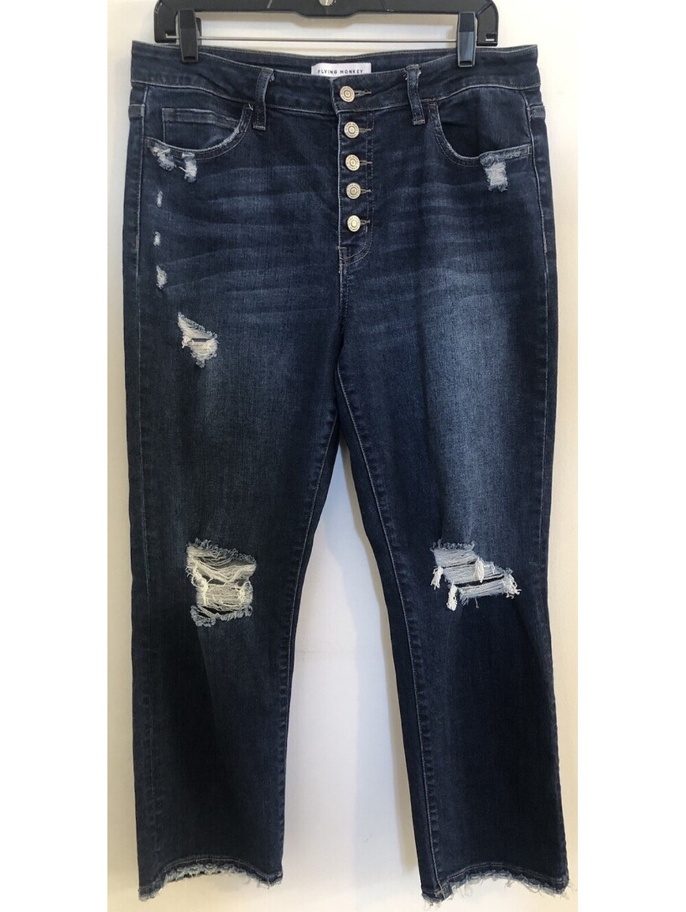 Flying Monkey Womens 30 Blue Jeans Button Fly Distressed Rips Dark Wash Raw Hem